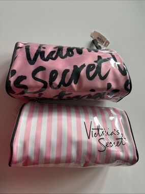 NWT Bundle of 2 Victoria's Secret Pink Striped & Script Cosmetic Pouches